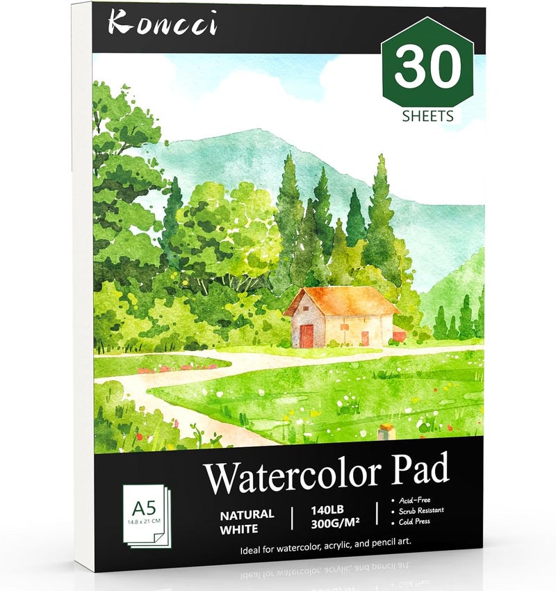KORCCI Watercolor Paper Pad 5.8"x8.3"-A5, 30 Sheets Watercolor Sketchbook, 140lb/300gsm, Glue Bound, Natural White, Cold Press & Acid-Free Watercolor Notebook for Beginner Students - Image 1
